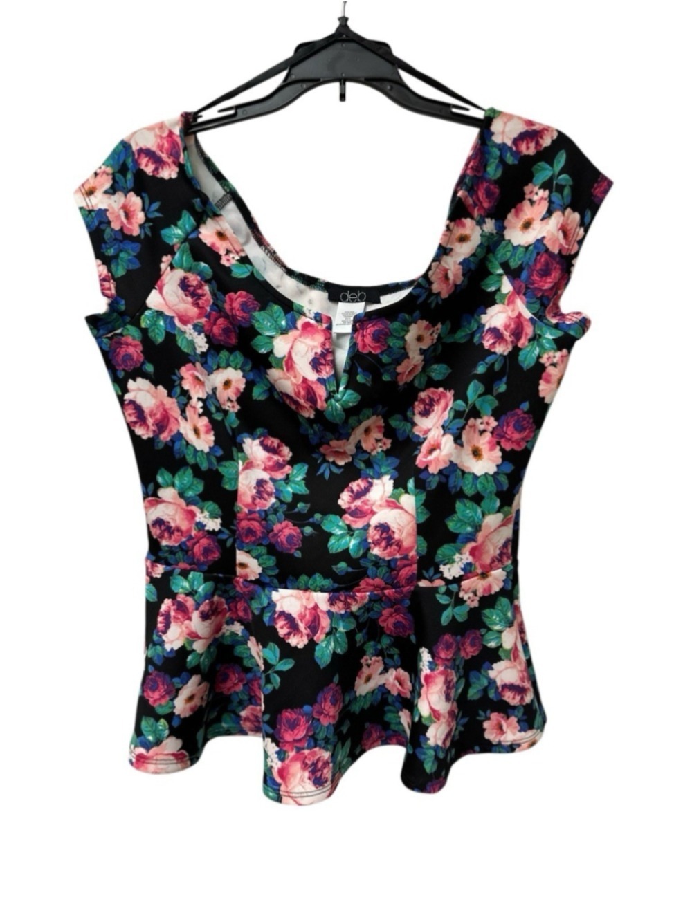 DEB Floral Stretch Blouse Womens XL Multicolor Roses Pull Over Ruffle Hem Y2K
